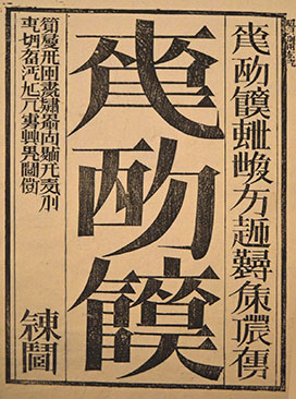 Close-up of a printed page from Xu Bing's Book from the Sky showing large invented Chinese characters that resemble but are not real characters