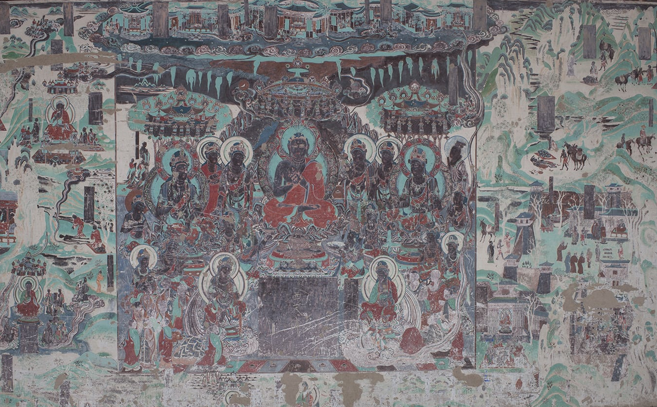 Dunhuang Mogao Cave wall mural depicting a Buddhist Pure Land scene with a central Buddha figure flanked by bodhisattvas and narrative panels