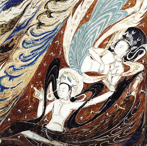 Tang dynasty flying apsaras mural from Dunhuang Mogao Cave 320 with flowing ribbons and scattered flowers