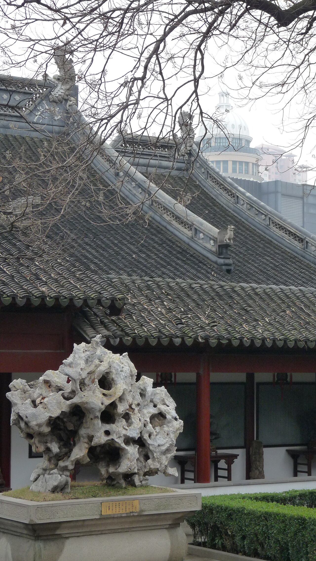 A tall, perforated grey Taihu limestone scholar's rock on a dark wooden pedestal showing characteristic holes and dramatic vertical form