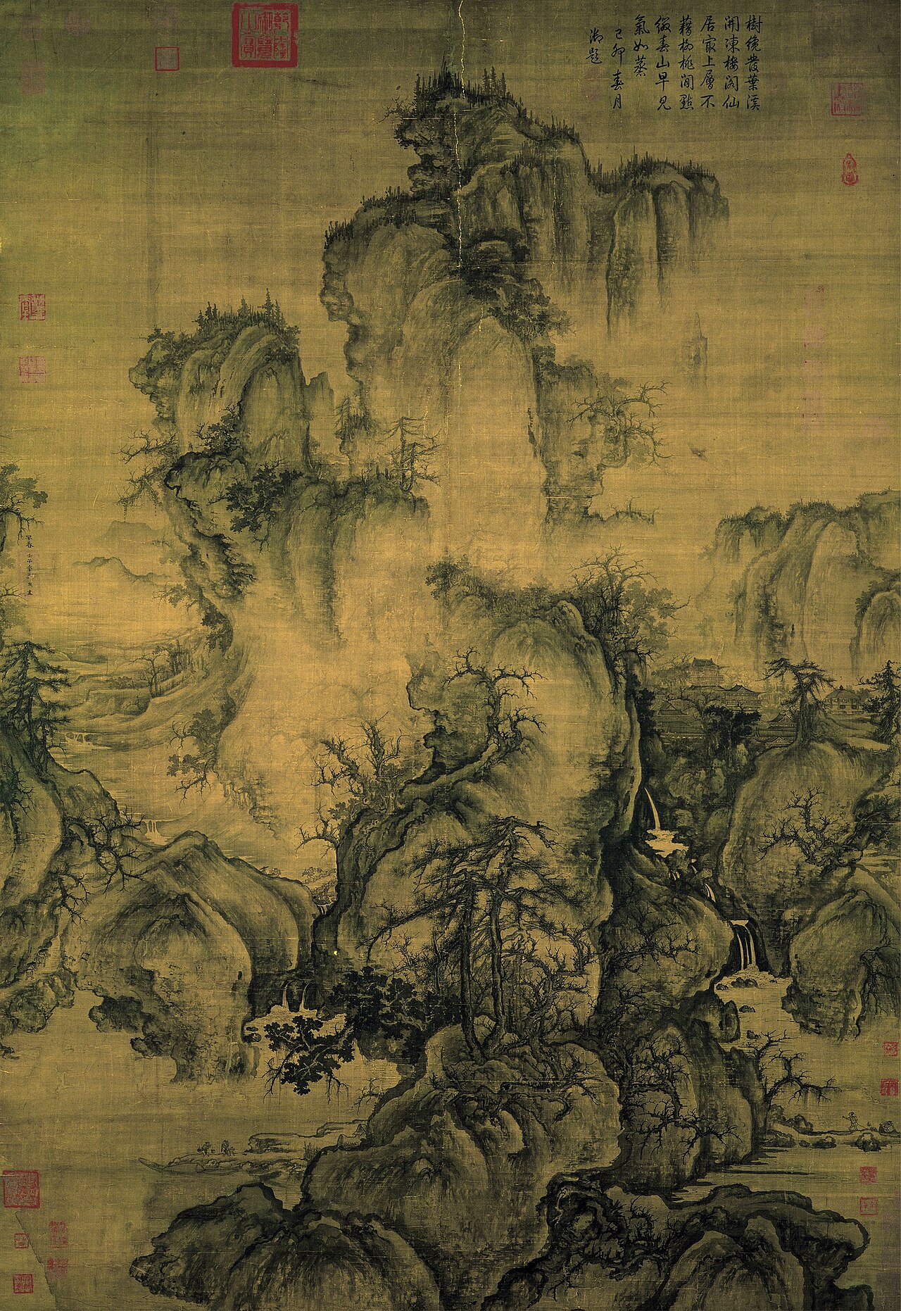 Guo Xi Early Spring monumental landscape painting with towering peaks emerging from mist
