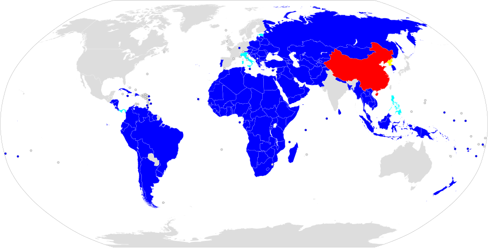 World map showing Belt and Road Initiative member countries in blue and China in red