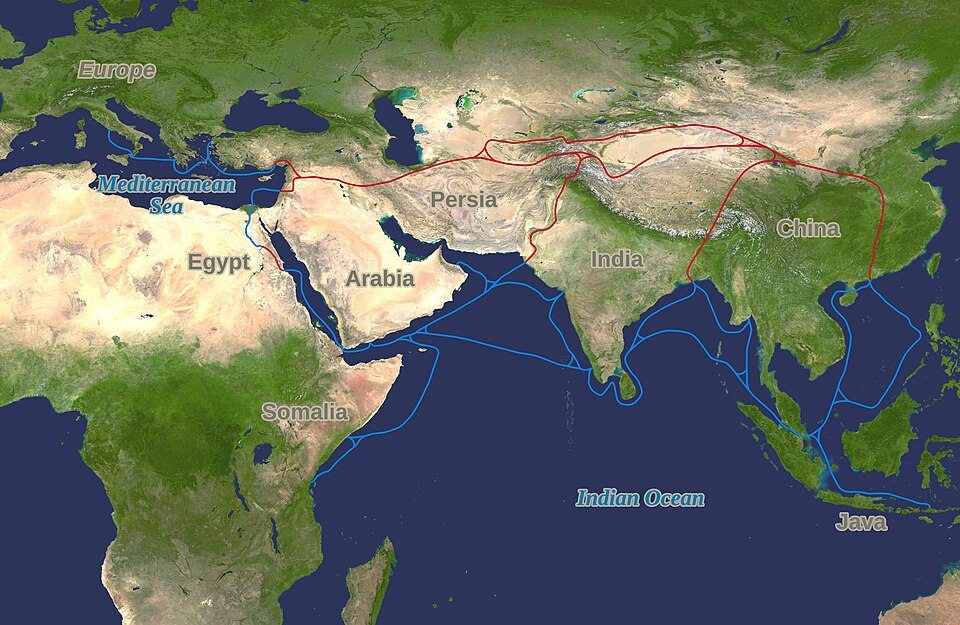 Historical map showing the major overland and maritime Silk Road trade routes