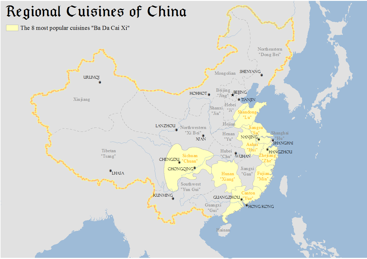 Map of China showing the eight great regional cuisines