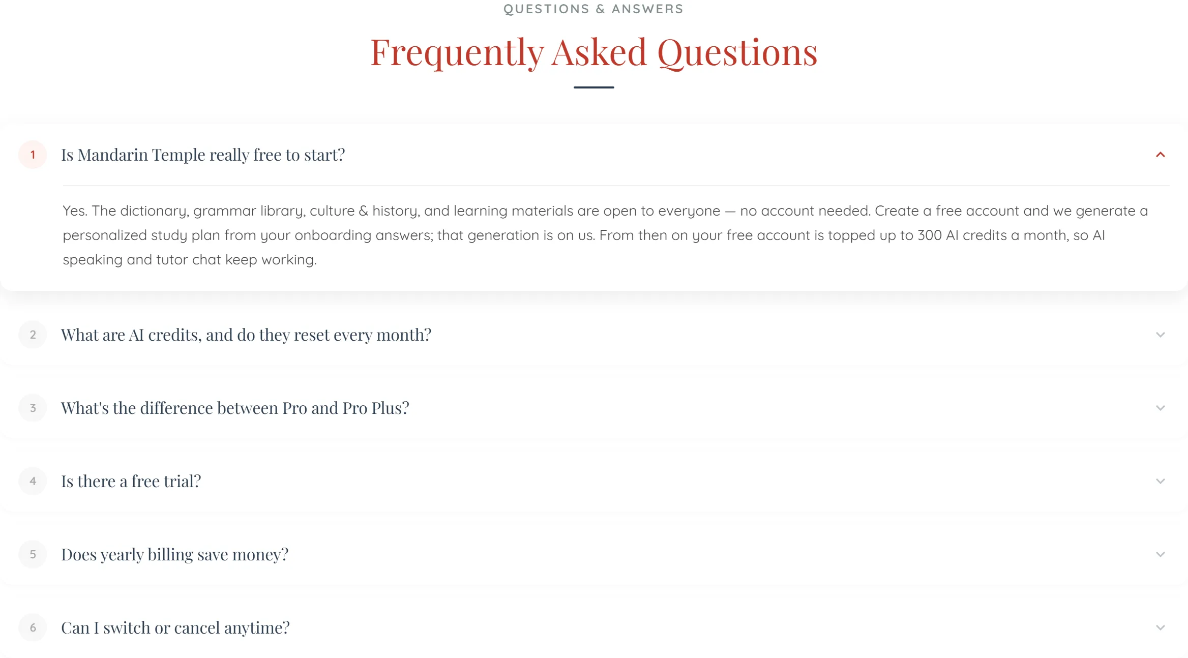The Frequently Asked Questions block on the pricing page: a small letter-spaced ‘QUESTIONS & ANSWERS’ label, a red serif ‘Frequently Asked Questions’ heading and a short rule, above a stack of six numbered rows. The first is open on a raised white card, its number in a pink circle and its chevron flipped upward — ‘Is Mandarin Temple really free to start?’ — answered that the dictionary, grammar library, culture & history and learning materials are open to everyone with no account needed, that creating a free account gets a personalized study plan generated from your onboarding answers and ‘that generation is on us’, and that from then on the free account is ‘topped up to 300 AI credits a month, so AI speaking and tutor chat keep working’. The five collapsed rows below, in grey numerals with downward chevrons, read ‘What are AI credits, and do they reset every month?’, ‘What’s the difference between Pro and Pro Plus?’, ‘Is there a free trial?’, ‘Does yearly billing save money?’ and ‘Can I switch or cancel anytime?’.