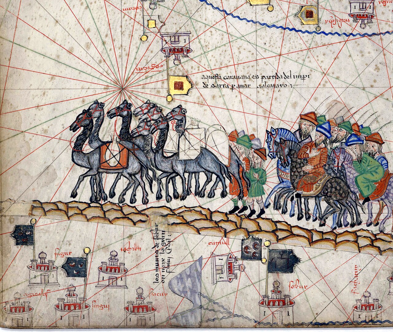 Camel caravan traveling along a desert trade route