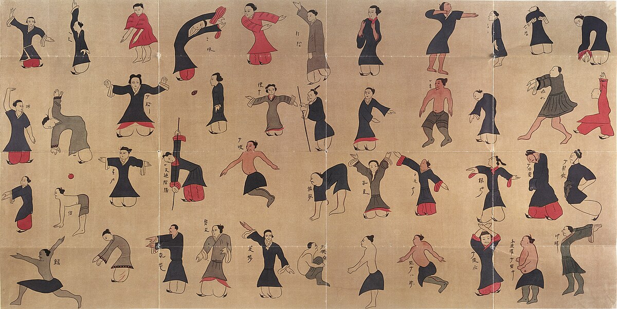Reconstructed illustration of the Mawangdui Daoyin Tu showing forty-four figures in various therapeutic exercise postures with Chinese text labels