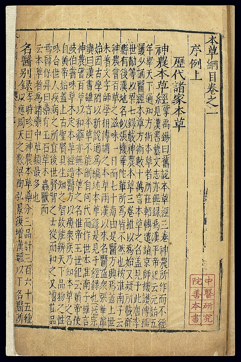 Printed page from the Bencao Gangmu Volume 1 listing historical Chinese pharmacopeias in classical Chinese text