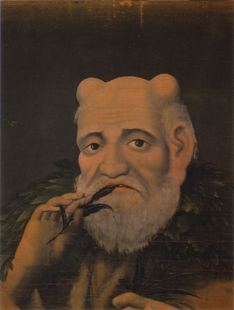 Traditional painting of Shennong the Divine Farmer with ox horns and leaf garment tasting a medicinal herb