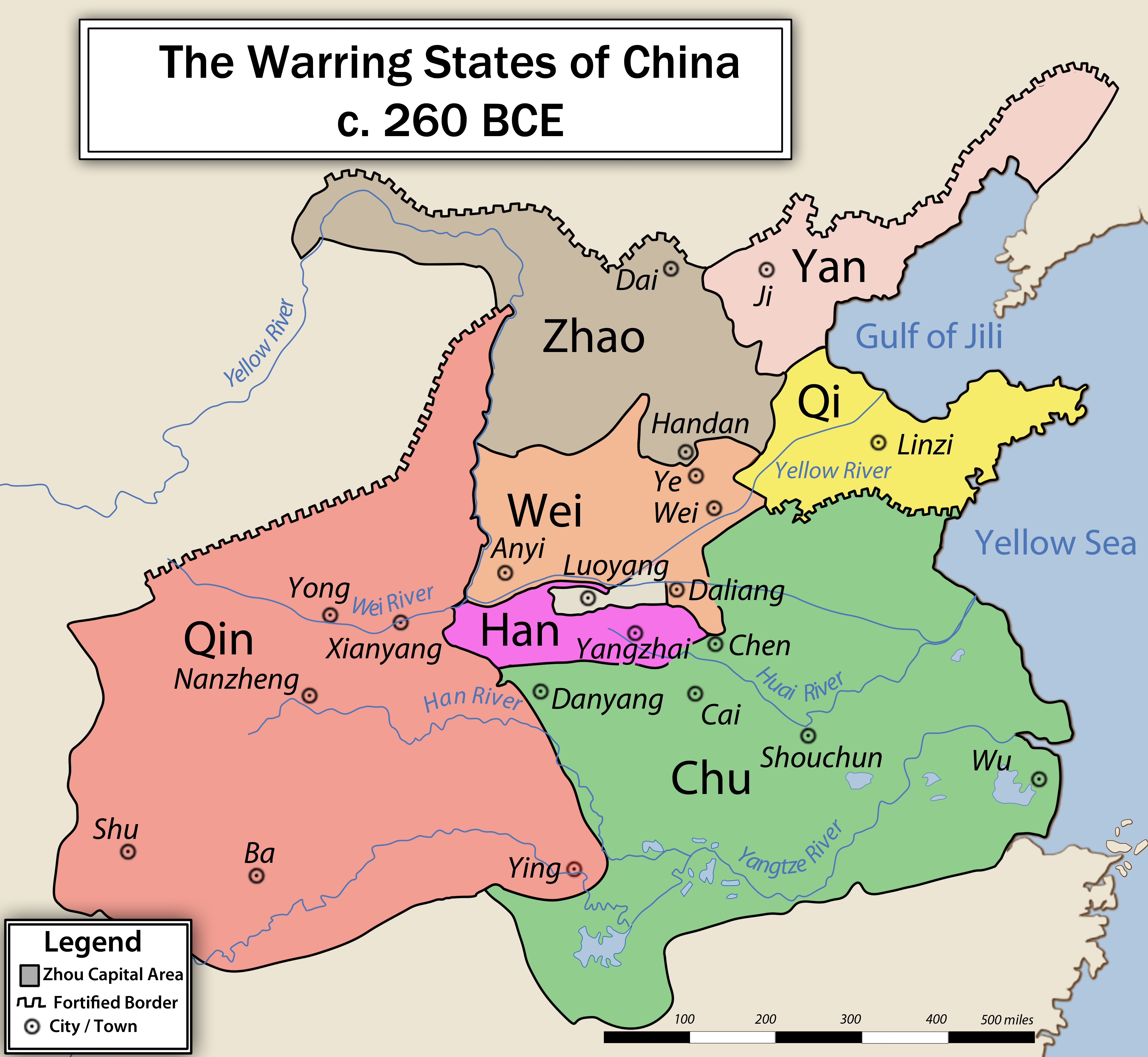 Political map of the Warring States of China circa 260 BCE showing the territories of Qin, Zhao, Wei, Han, Chu, Qi, and Yan