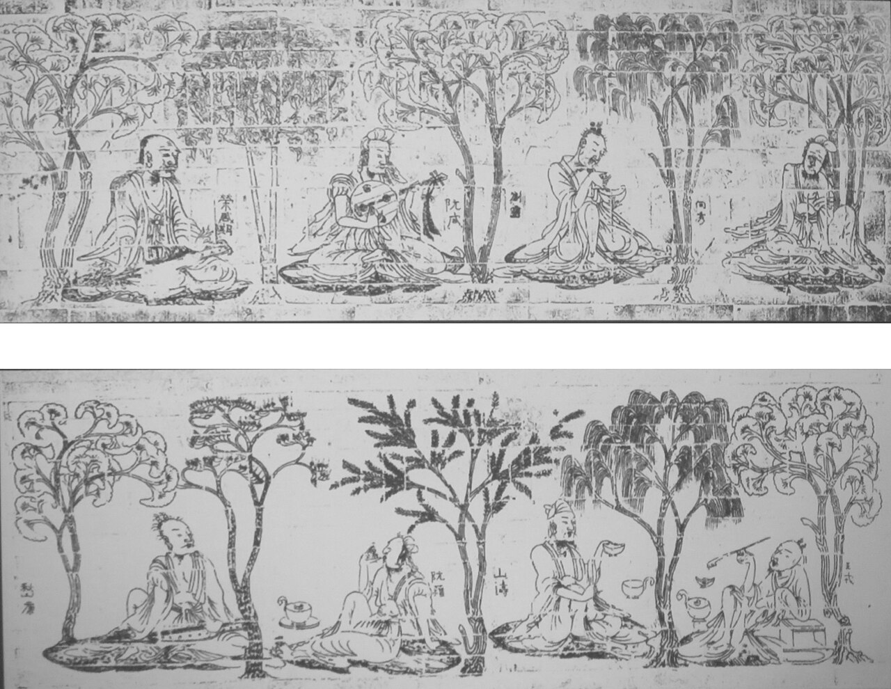 Classical Chinese painting of scholars gathered in a bamboo grove, drinking wine and playing music