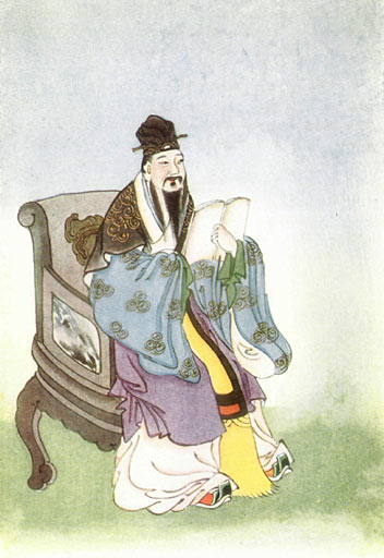 Traditional Chinese painting of a scholar in colorful robes seated in an ornate chair