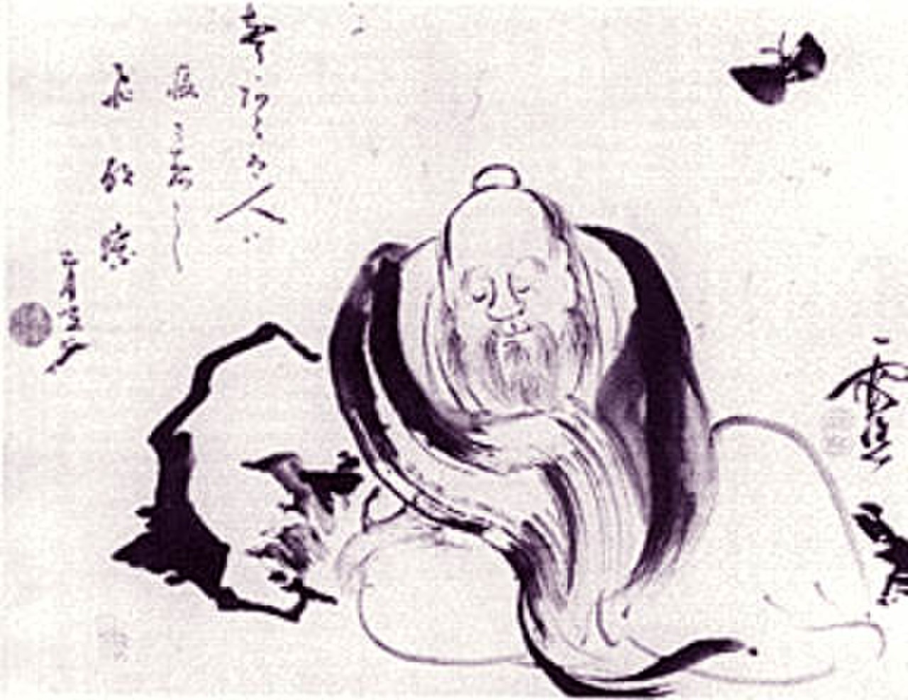Ink wash painting depicting a figure transforming into a butterfly amid swirling dreamlike mist