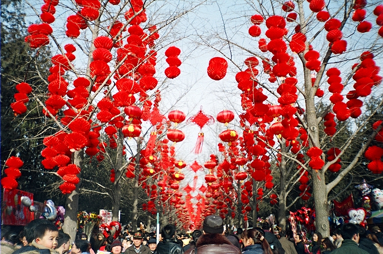 Rows of red Chinese lanterns hanging over a decorated street during Spring Festival celebrations