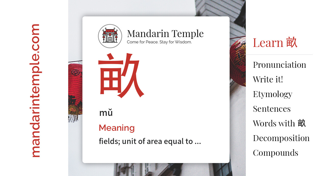 Featured image for 畝 mǔ Dictionary entry displaying the word's hanzi, pinyin and the Mandarin Temple logo and tagline.