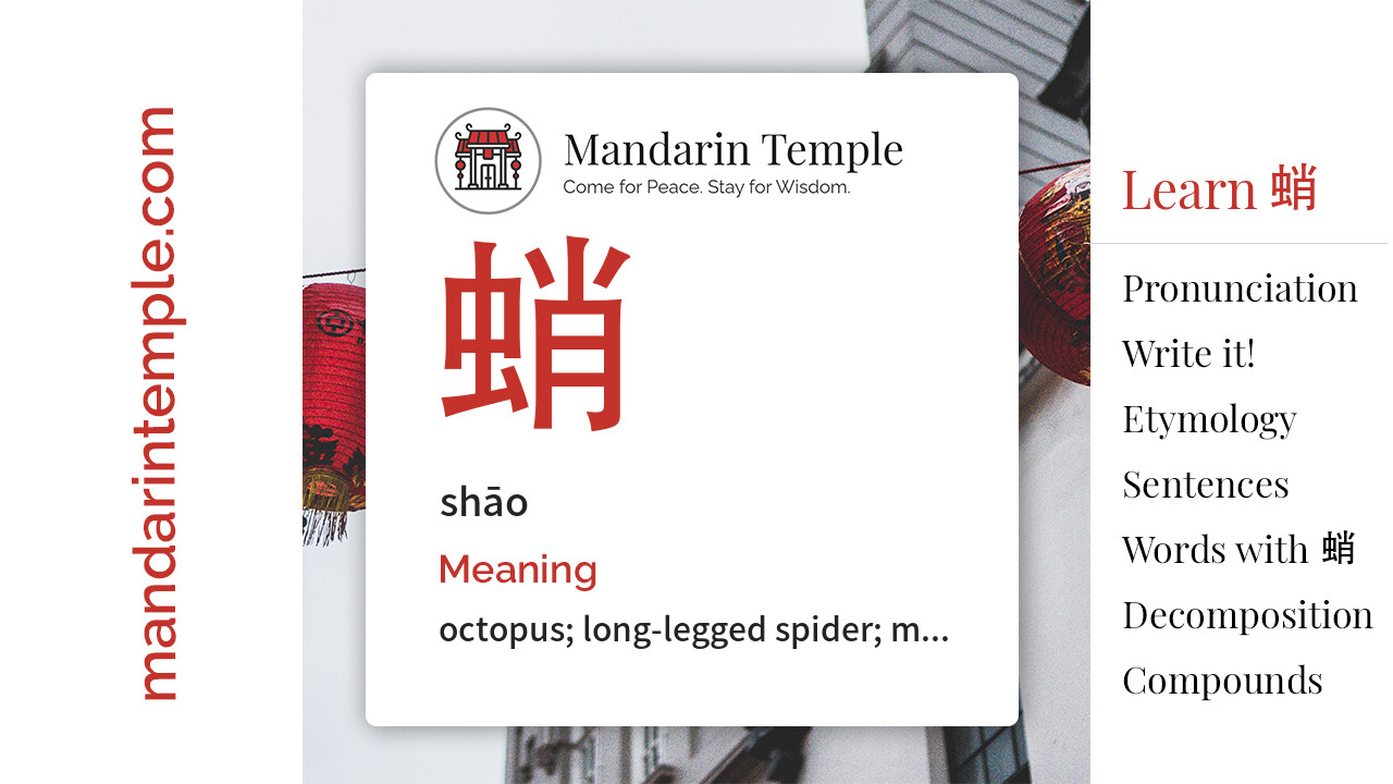 Featured image for 蛸 shāo Dictionary entry displaying the word's hanzi, pinyin and the Mandarin Temple logo and tagline.