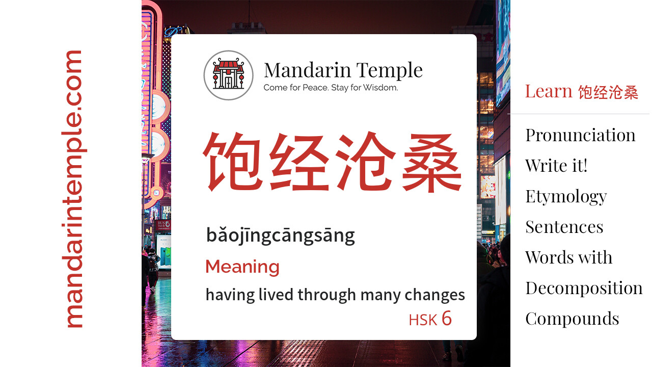 Featured image for 饱经沧桑 bǎojīngcāngsāng Dictionary entry displaying the word's hanzi, pinyin and the Mandarin Temple logo and tagline.