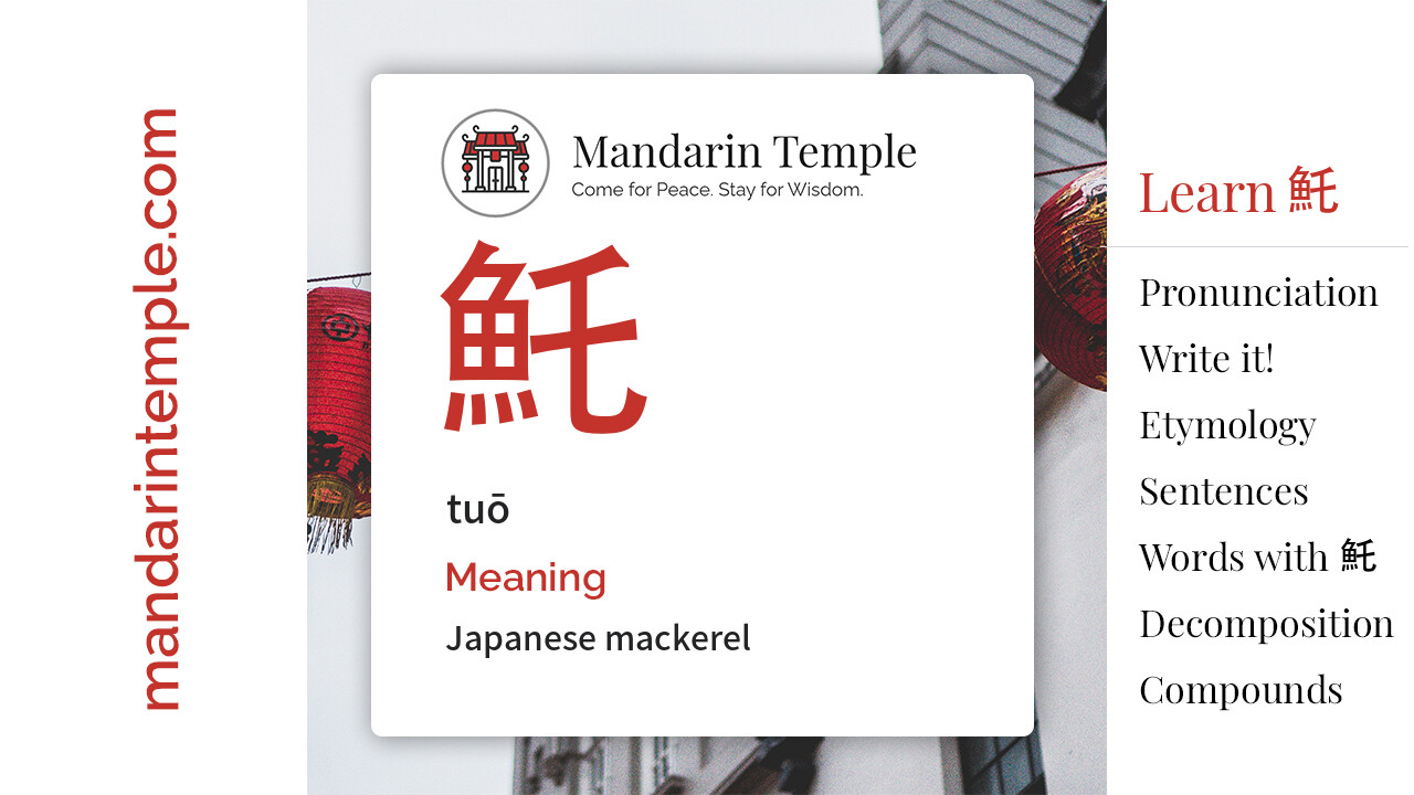 Featured image for 魠 tuō Dictionary entry displaying the word's hanzi, pinyin and the Mandarin Temple logo and tagline.