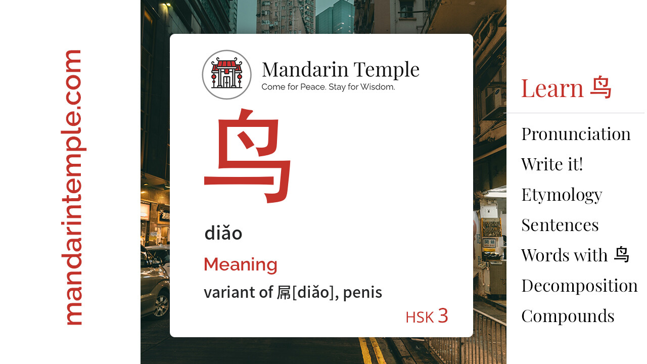 Featured image for 鸟 diǎo Dictionary entry displaying the word's hanzi, pinyin and the Mandarin Temple logo and tagline.