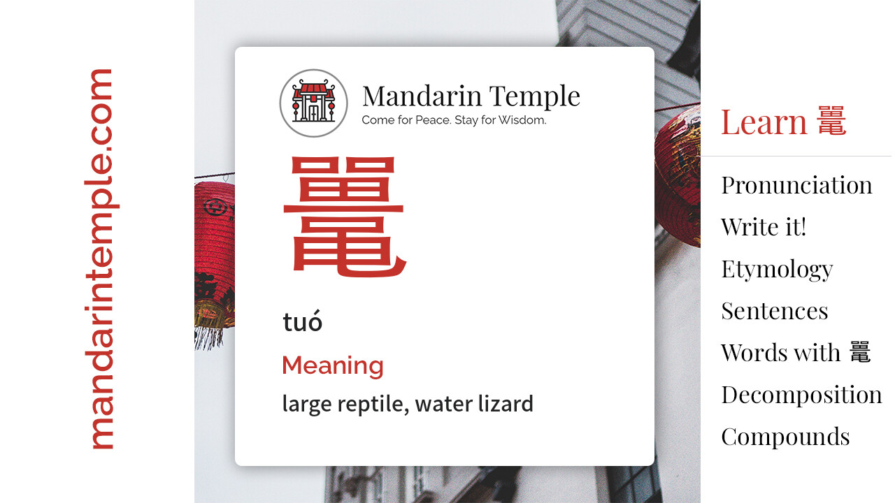 Featured image for 鼍 tuó Dictionary entry displaying the word's hanzi, pinyin and the Mandarin Temple logo and tagline.